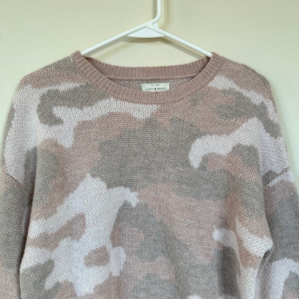 LUCKY BRAND Camo Wool Blend Pullover Sweater Crew Neck Size SMALL Light Pink - Picture 2 of 11